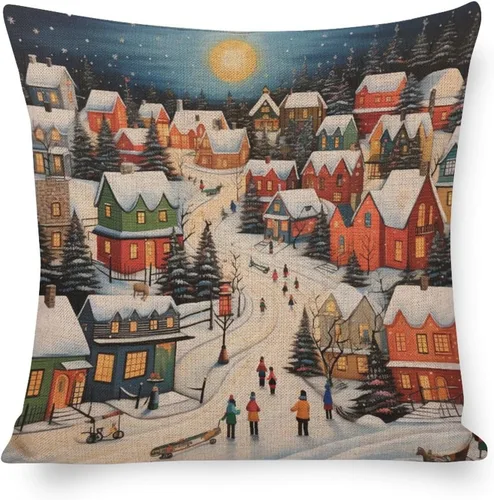 Miniatura 15 de Fundas de almohada de 16 x 16 pulgadas, diseño de pueblo de invierno, decoración de Navidad, para sofá, sala de estar, dormitorio