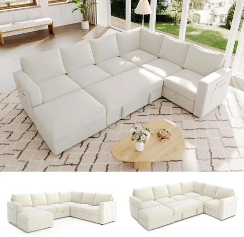 Miniatura 16 de Sofá Seccional Modular de 85 Pulgadas con Cama Extraíble, Sofá Cama Seccional en Forma de L de 5 Asientos con Almacenamiento, Sofás Seccionales