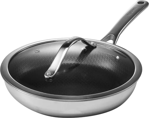 FURANO Ukiyo - Sartén de acero inoxidable de tres capas de 10 pulgadas con tapa, sartén antiadherente no tóxica WaveEtch™, libre de PTFE y PFAS,