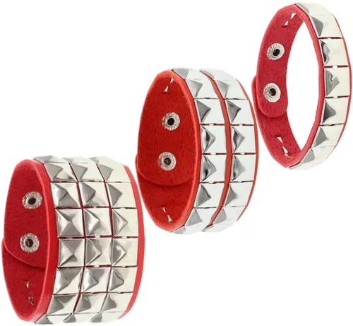 TURTLEDOVE Punk Leather Bracelet Set - 3PCS Goth Leather Wristband with Metal Studded - Cuff Bangle for Men Women Rojo