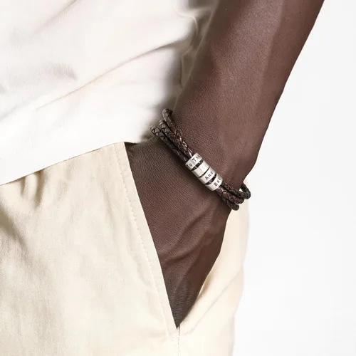 Miniatura 3 de Sett&Co - Personalized "Quest" BrownBlack Leather Bracelet With Up To 7 Custom Beads With Inscription - Sterling Silver 0.925, 18K Gold Plated