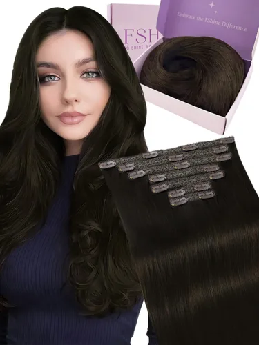 Fshine Extensiones de cabello con broches, 22 pulgadas, 7 unidades, color marrón oscuro, doble trama, extensiones de cabello humano real con clip,