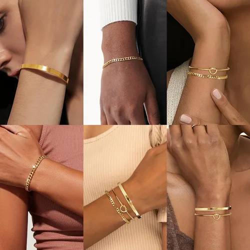 Miniatura 5 de Delicado juego de pulseras de cadena de oro para mujer, chapado en oro real de 14 quilates, pulseras de cadena de eslabones para mujer, pulseras
