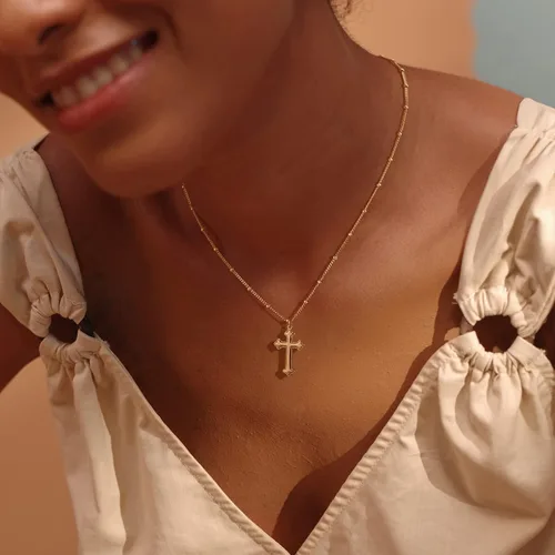 Miniatura 124 de Fettero - Collar con dije de cruz de fe, chapado en oro de 14 K, cadena fina, minimalista, simple, pequeña, para oración, regalo de joyería religiosa