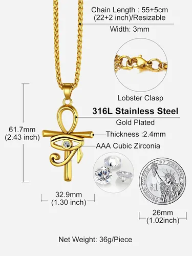 Miniatura 5 de Richsteel Ankh - Collar con colgante de cruz para hombre, acero inoxidable, chapado en oronegro, con cadena de trigo, joyería religiosa