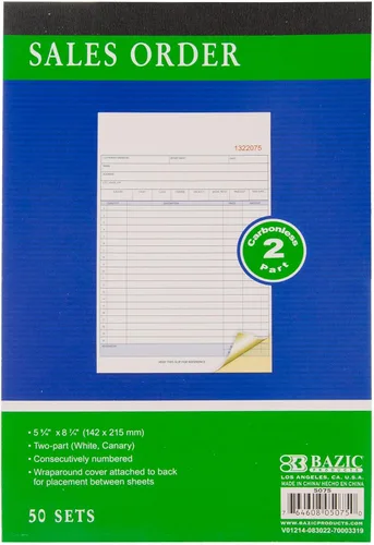BAZIC Products 50 juegos de 5 9/16 pulgadas x 8 7/16 pulgadas 2 partes libro de pedidos de ventas sin carbono, para ventas de oficina de negocios
