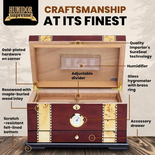 Miniatura 4 de Humidor Supreme Solana de escritorio para puros con cajón de accesorios, bandeja de cedro español y divisores Caja de almacenamiento para puros