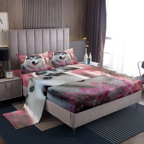 Feelyou Husky - Juego de sábanas con diseño de flor de cerezo rosa, ropa de cama para perro, 1 sábana encimera y 1 sábana bajera ajustable con 1