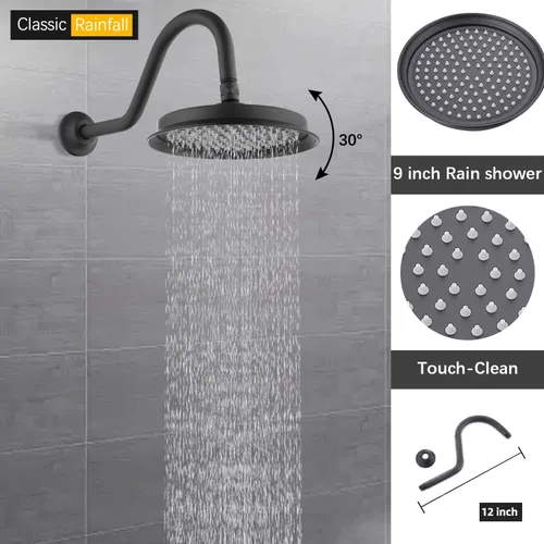 Miniatura 3 de Sistema de ducha antiguo con chorros de cuerpo, cabezal de lluvia montado en la pared de 9 pulgadas y rociador de mano de cerámica de latón vintage