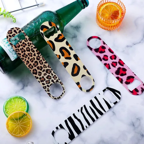 Miniatura 6 de 4 piezas de abridor de botellas plano de acero inoxidable resistente, herramientas para cocina, bar, restaurante, 7 pulgadas (estampado de leopardo)