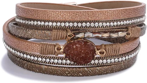 Miniatura 7 de FANCY SHINY - Pulsera de cuero estilo bohemio, pulsera de cuentas de cristal con cierre magnético, regalos de joyería para mujer