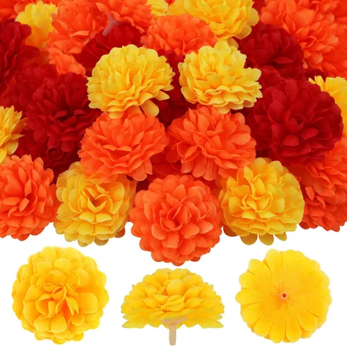 M&C Music Color Cabezas de flores de caléndula a granel, 40 flores artificiales de caléndula de seda para decoración de coronas de bricolaje, Mezcla