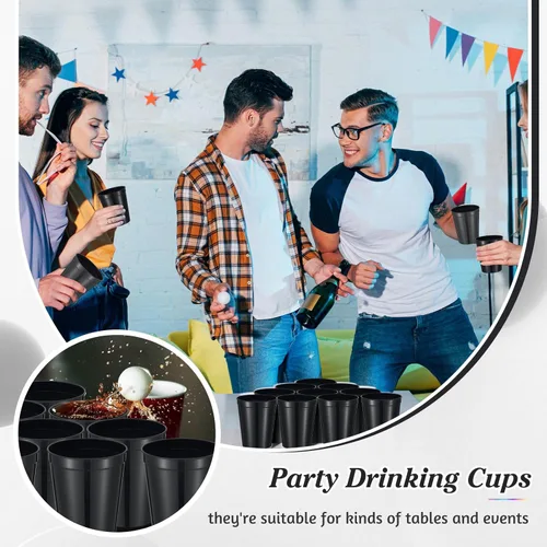 Miniatura 5 de Mifoci 24 vasos de plástico para estadios en blanco, reutilizables, apilables, para fiestas de cumpleaños, bodas, Mardi Gras (16 onzas, negro)