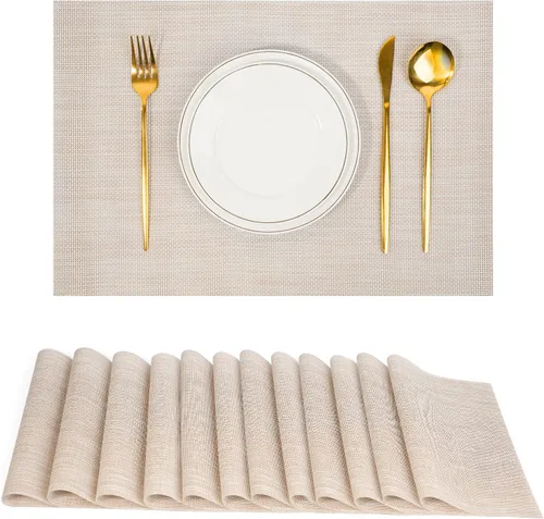 Miniatura 32 de Juego de 6 manteles individuales, antideslizantes, tejido de PVC, fáciles de limpiar, resistentes al calor, para cocina, comedor, decoración Beige