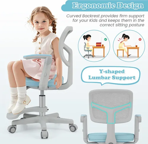 Miniatura 5 de Giantex Silla de escritorio para niños, silla rodante ergonómica ajustable con reposapiés y apoyabrazos abatibles, silla de oficina para niños