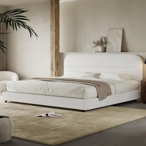 Miniatura 8 de HOMBCK - Base de cama tapizada de tejido bouclé con cabecera suave con diseño de esquinas redondeadas, listones de madera, no requiere somier, fácil