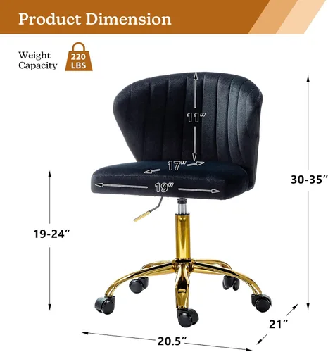 Miniatura 2 de TINA'S HOME Sillas de escritorio de oficina con ruedas y base dorada, moderna silla de oficina sin brazos de terciopelo, silla giratoria ajustable