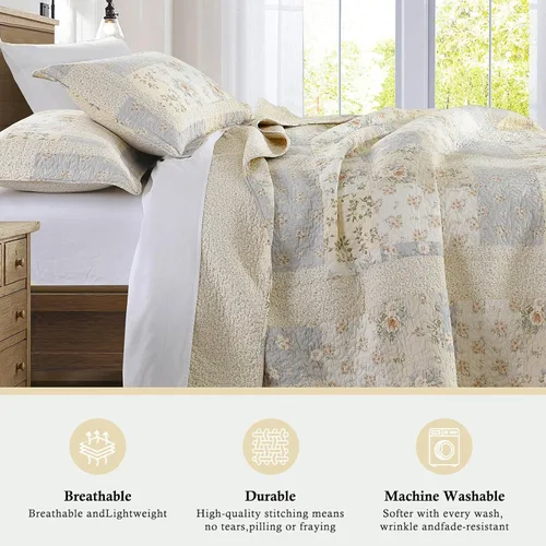 Miniatura 6 de Colcha de tamaño Queen extragrande de 102 x 120 pulgadas, 100% algodón, ligera, extra grande, tamaño Queen con 2 fundas de almohada, colcha Beige