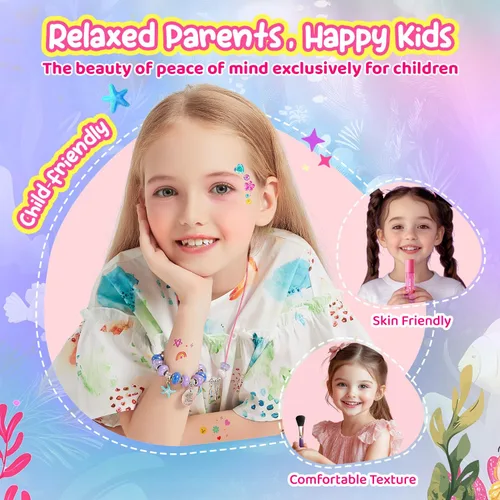 Miniatura 7 de Juegos de maquillaje para niñas – Juego de cosméticos reales lavables con fabricación de joyas para niños, kit de pulsera de maquillaje de princesa