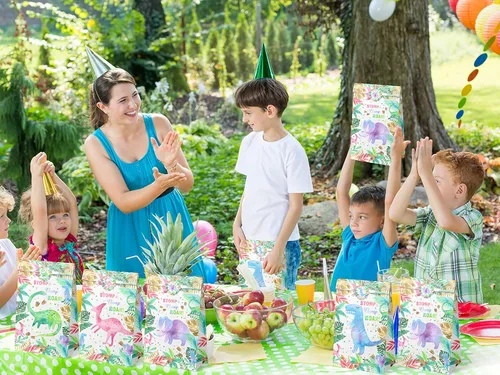 Miniatura 6 de Paquete de 24 bolsas de recuerdo de fiesta de dinosaurios para niñas con calcomanías, bolsas de regalo de dinosaurio de acuarela rosa