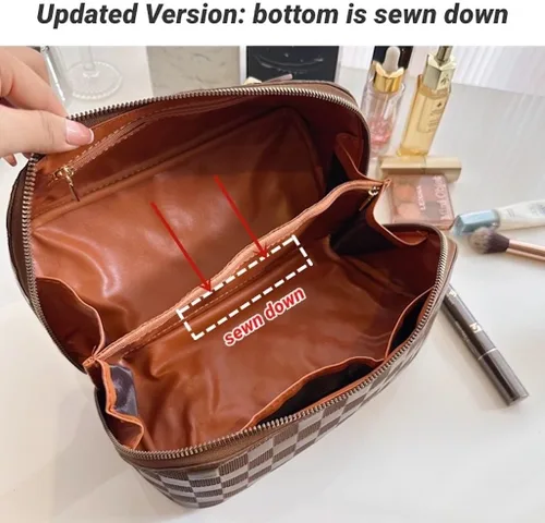 Miniatura 5 de Bolsas de maquillaje a cuadros de gran capacidad, bolsas de cosméticos portátiles de viaje, bolsa de aseo abierta y plana para mujeres y niñas