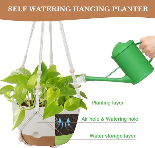 Miniatura 5 de Paquete de 3 macetas colgantes para plantas de interior, maceta colgante de riego automático de 10 + 10 + 8 pulgadas, colgador de plantas de macramé