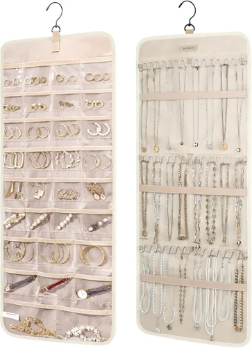 Organizador de joyas colgante BAGSMART con rollo de almacenamiento y ganchos metálicos, soporte doble para aretes, collares, anillos en el armario,
