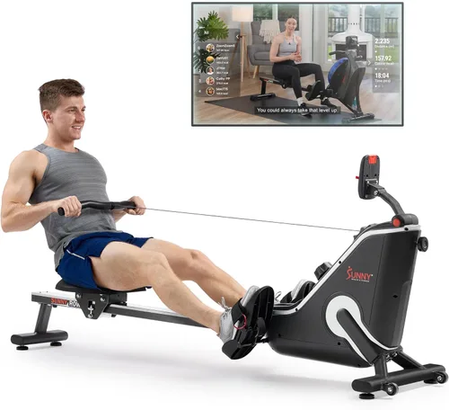 Sunny Health & Fitness Smart Flippable Magnetic Rower, 50 Inches Quiet & Smooth Stainless Steel Slide Rail, Full-Body Low-Impact Exercise Rowing