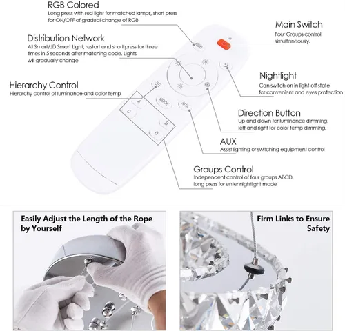 Miniatura 9 de Candelabros modernos de cristal, regulables, redondos, con control remoto, 2 anillos, lámpara colgante de techo LED para vestíbulo, comedor, sala
