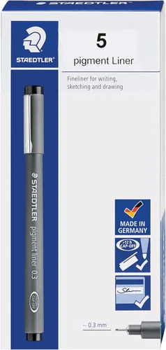Miniatura 23 de Staedtler Delineador de Pigmentos, Pluma Delineadora para Dibujo, Bocetos, Diario, 0.05mm (0.002 in), Negro, Caja de 5 Plumas, 308 0059M