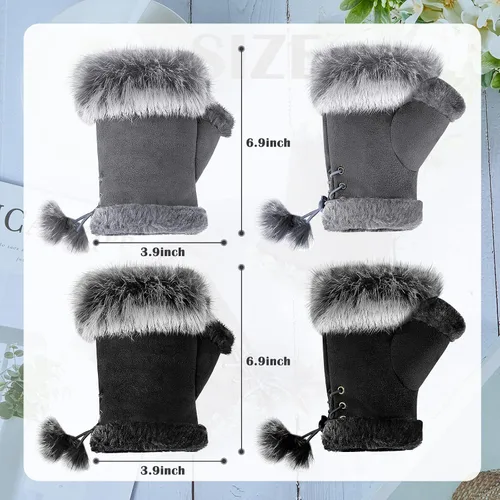 Miniatura 2 de 2 Pairs Women Fur Fingerless Gloves Winter Rabbit Fur Half finger Mittens for Women Girls Teen Working Writing