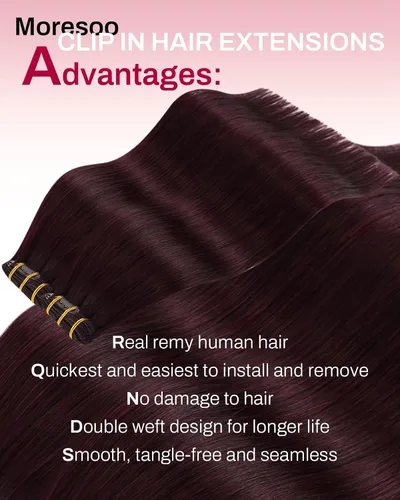 Miniatura 2 de Moresoo Extensiones de cabello humano real color burdeos con clip, extensiones de cabello humano rojo oscuro con clip de doble trama, color vino