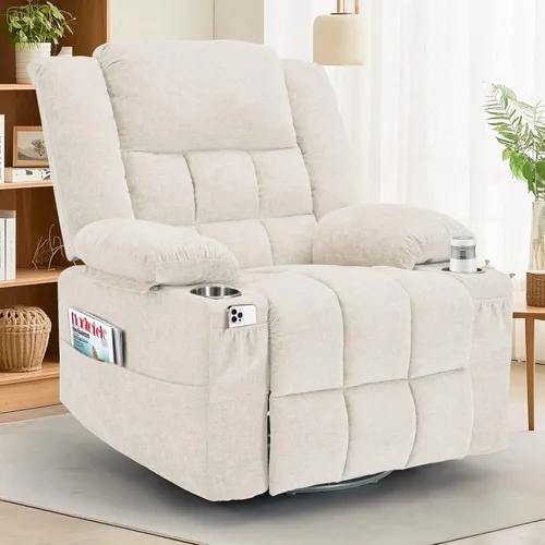 Korser Sillón reclinable giratorio de 360° para adultos, sillón mecedora para guardería con masaje y calefacción, silla mecedora con portavasos,