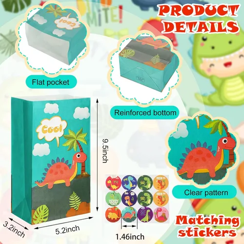 Miniatura 2 de Containlol Paquete de 30 bolsas de regalo para fiesta de dinosaurios, bolsa de dulces de dinosaurio pequeño con calcomanías a juego, suministros