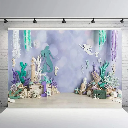 Miniatura 7 de MEHOFOND Telón de fondo de fotografía de sirena bajo el mar, 7 x 5 pies, decoración de fiesta de cumpleaños para niña, decoración de fiesta