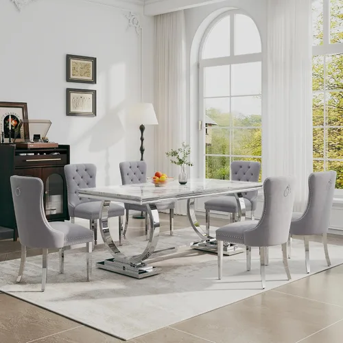 Miniatura 34 de Juego de mesa de comedor de 7 piezas, mesa de cocina de lujo de mármol sintético blanco de 70 pulgadas y 6 sillas copetudas de terciopelo beige