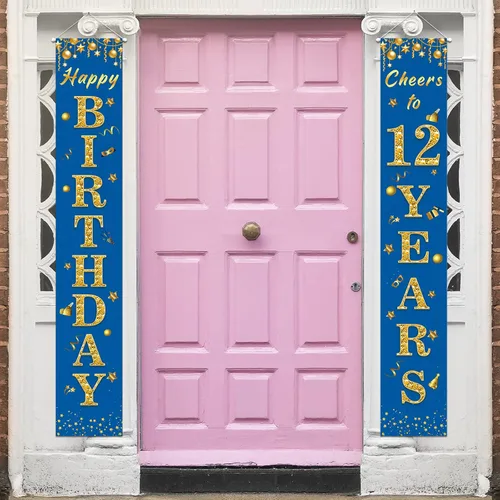 Cartel de feliz cumpleaños número 12 para porche, decoración azul – Decoración temática de fiesta de bienvenida a los 12 años para niños y niñas