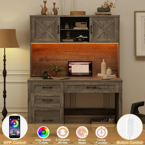Miniatura 3 de Escritorio ejecutivo Farmhouse de 67" de altura con estante superior, escritorio de oficina con 4 cajones y luz LED, mesa de computadora con Gris