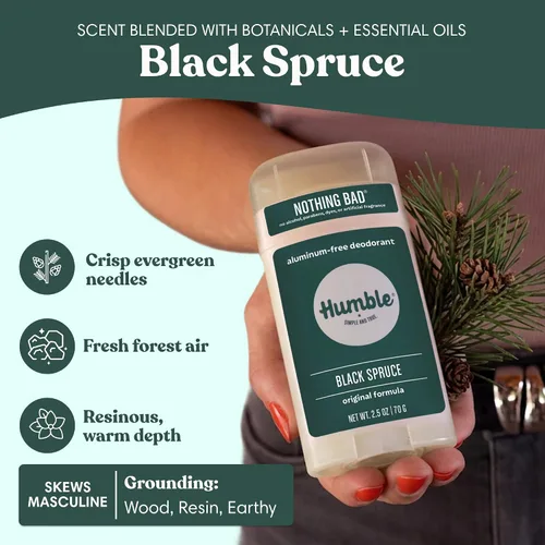 Miniatura 4 de Humble - Desodorante sin aluminio para mujeres y hombres, Black Spruce - Desodorante natural limpio y fresco en barra con aceites esenciales para un