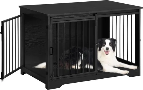 Miniatura 11 de Hzuaneri Mueble de jaula para perros de 31.9 pulgadas con puerta de granero, perrera resistente para interiores con 2 puertas, mesa auxiliar