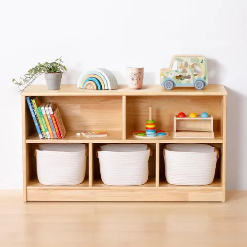 OOOK Estante Montessori de Madera de Caucho con 5 Compartimentos, 43.3" de Largo, Organizadores y Almacenamiento de Juguetes de 2 Niveles, Gabinete