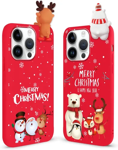 Miniatura 9 de Paquete de 2 fundas navideñas lindas para iPhone 13 Pro, patrón rojo 3D de muñeco Papá Noel muñeco de nieve Feliz Navidad de silicona suave TPU