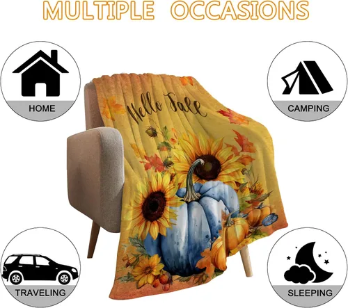 Miniatura 4 de YeeJu Manta decorativa de otoño, color naranja, Acción de Gracias, otoño, lindas calabazas, hojas, girasoles, sofá, cama, sala de estar, suave