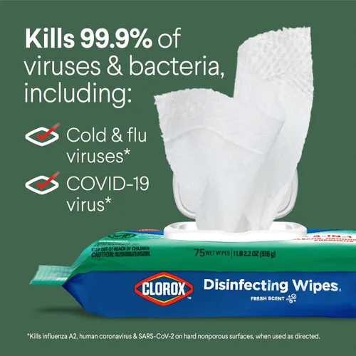 Miniatura 6 de Clorox Toallitas Desinfectantes, Toallitas de Limpieza Paquete Flex, Aroma Fresco, 75 Unidades (El Paquete Puede Variar)