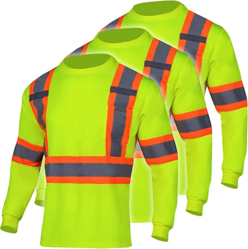 FONIRRA Paquete de 3 camisetas de seguridad de manga larga reflectantes de alta visibilidad, camisas de trabajo de construcción ANSI Clase 3 para