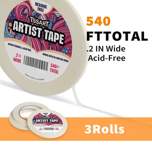 Miniatura 2 de Paquete de 3 cintas blancas para artistas, cinta adhesiva para dibujar, acuarela, pintura, lienzo, enmarcado, sin ácidos, 0.2 pulgadas de ancho