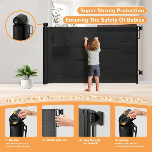 Miniatura 3 de Puerta retráctil para bebés para escaleras y puertas, 34 pulgadas de alto que se extiende hasta 55 pulgadas de ancho, puerta de malla para bebés