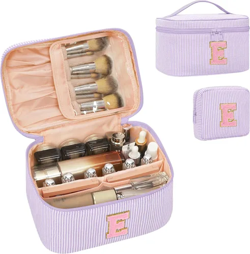 Miniatura 81 de Juego de bolsas de maquillaje con iniciales para niñas y mujeres, bolsa de cosméticos con monograma con soporte para cepillos, estuche de maquillaje