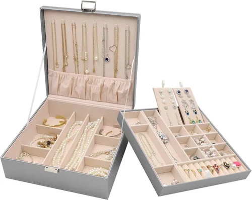 ProCase - Joyero grande de cuero con dos niveles para organizar aretes pulseras anillos relojes para mujeres niñas regalo ideal para novia o esposa
