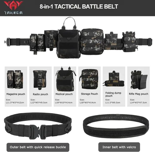Miniatura 2 de YAKEDA Molle - Cinturón de batalla con accesorios – Cinturón táctico de combate Airsoft resistente (8 piezas)